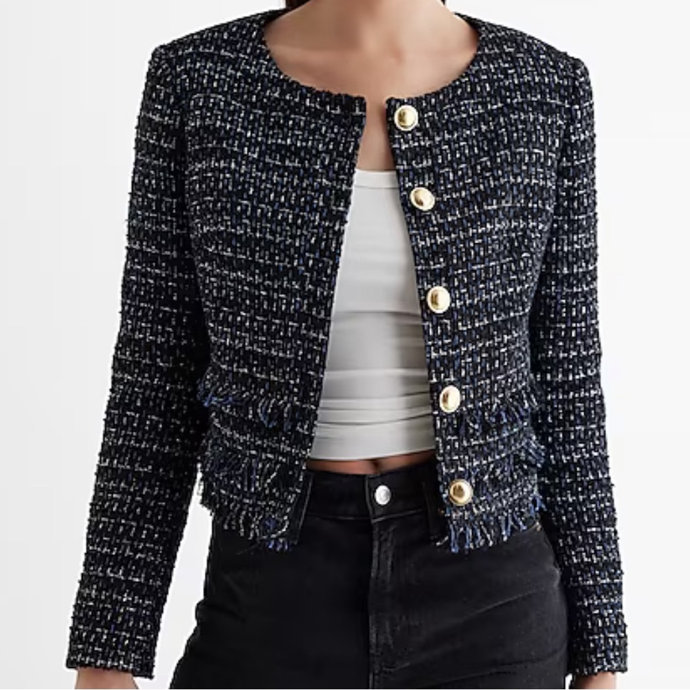 Express Tweed Fringe Button Blazer